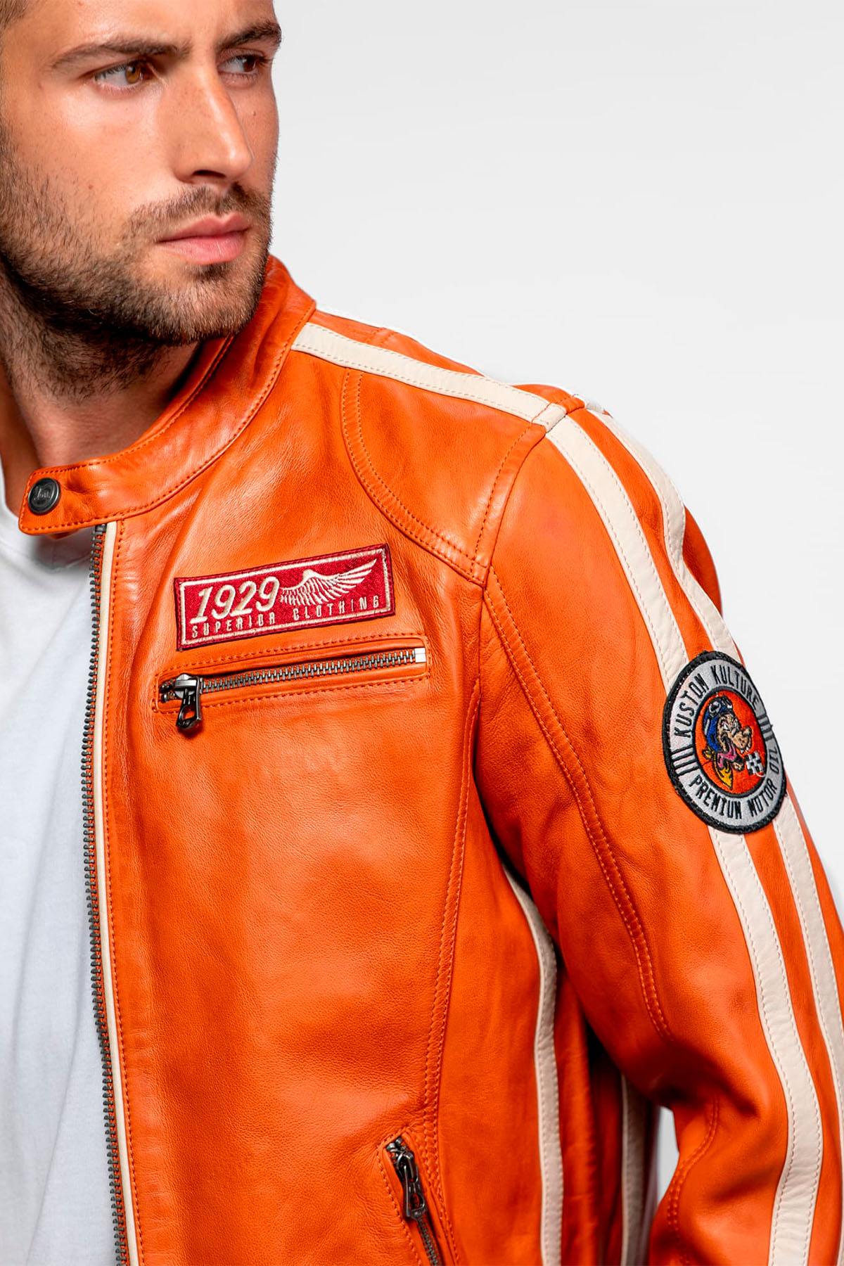 Orange leather biker-collar jacket with patches - Image n°6