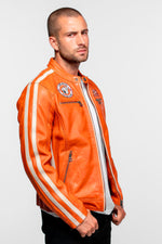 Orange leather biker-collar jacket with patches - Image n°7