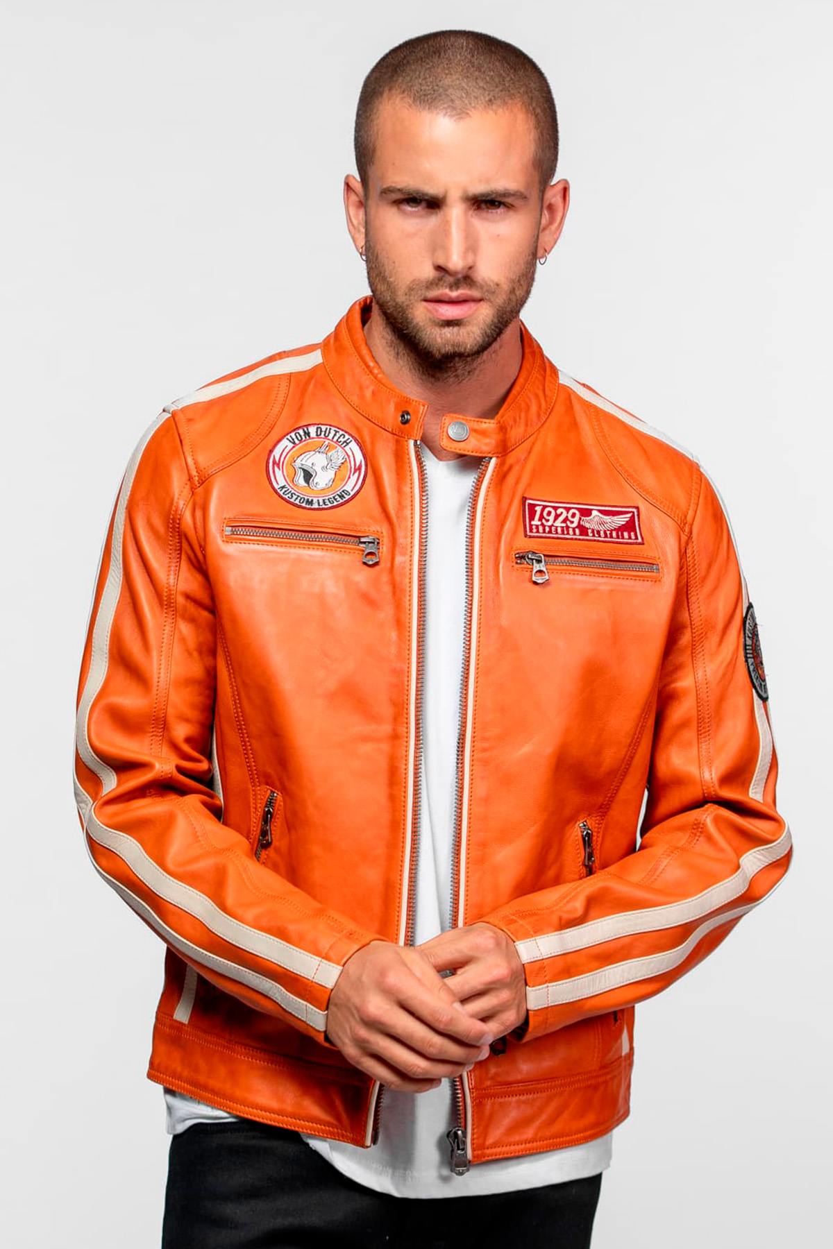 Orange leather biker-collar jacket with patches - Image n°1
