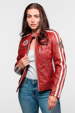 Women's red leather biker-collar jacket with patches - Image n°2