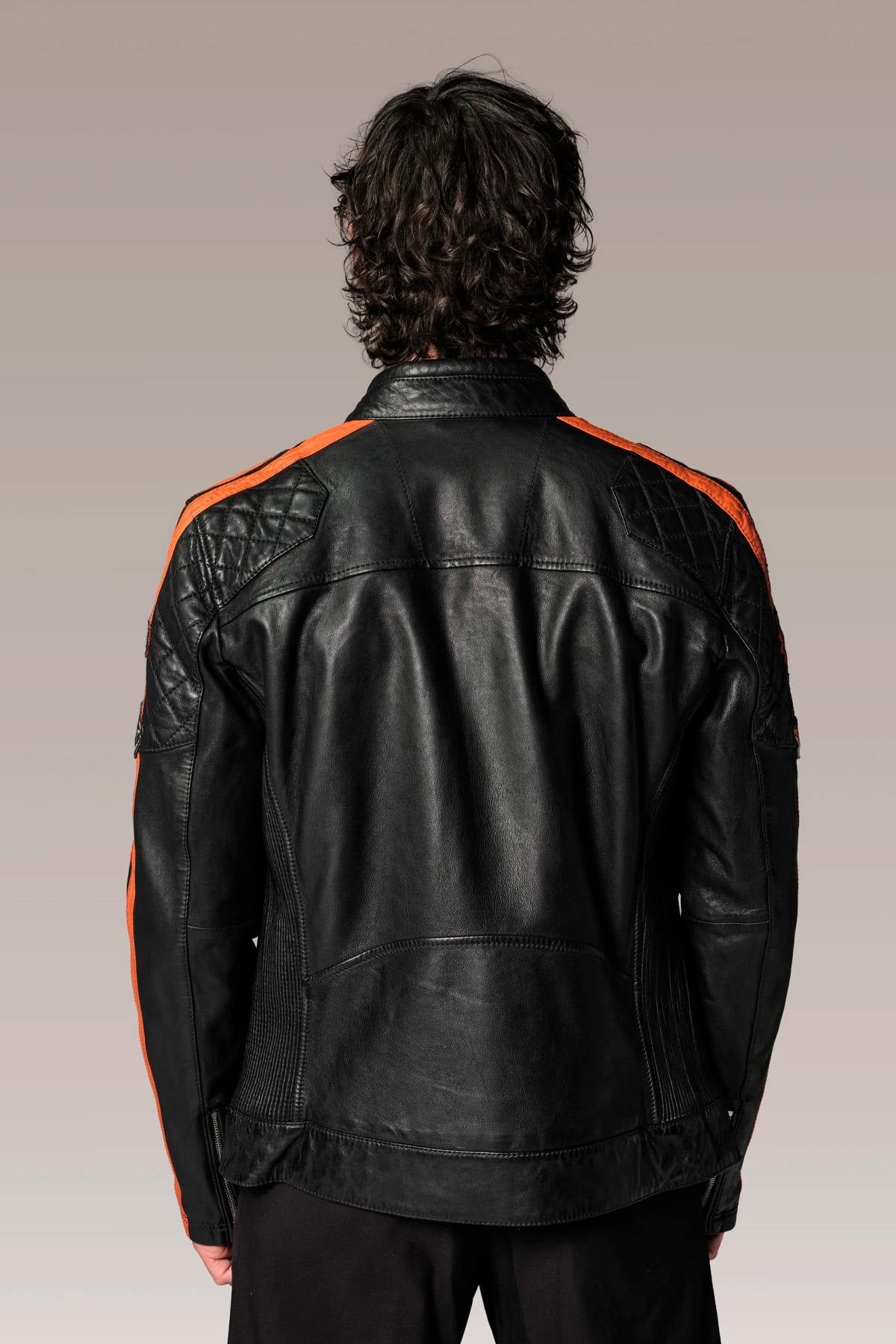Redskins' lambskin biker jacket with vintage orange accents. - Image n°4