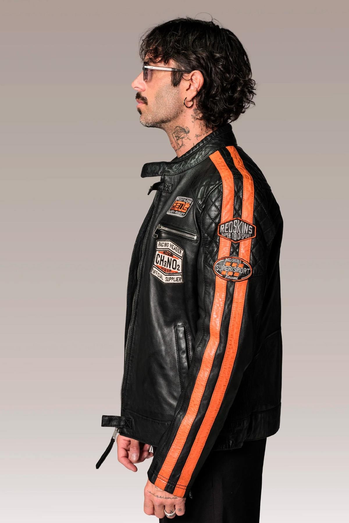 Redskins' lambskin biker jacket with vintage orange accents. - Image n°5