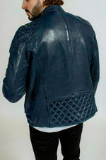 Ocean blue leather jacket with vintage racing patches - Image n°2