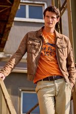 Suede leather bomber jacket with metal emblem - Image n°8