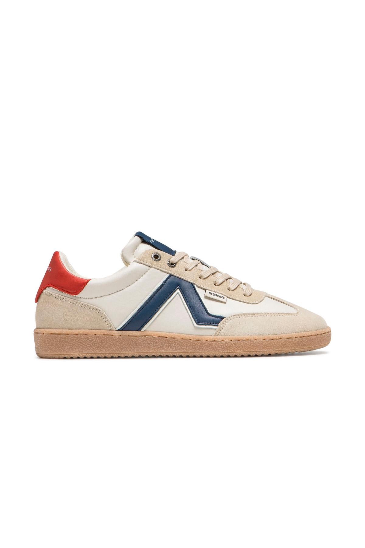 Low-top sneakers in ecru and navy red leather - Image n°3