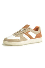 White leather sneakers with beige and brown velvet panels - Image n°1