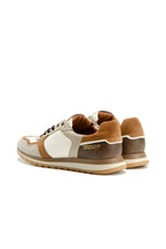 Running shoes in ecru, beige and cognac leather and suede - Image n°2