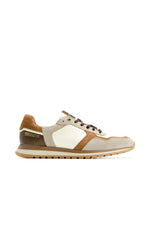 Running shoes in ecru, beige and cognac leather and suede - Image n°3