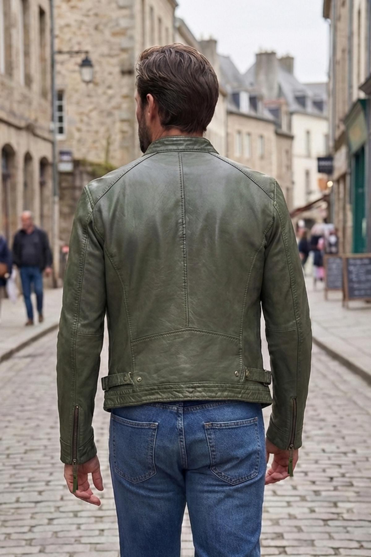 Skinny fit leather biker-collar jacket in cactus color - Image n°2