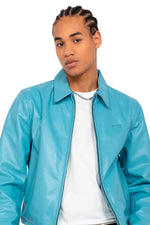 Schott's varsity jacket in soft vachetta leather, sky blue and ecru. - Image n°3