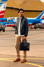 Aviation-inspired lambskin jacket in ocean blue with pilot pockets. - Image n°3