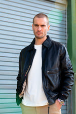 Black PAF leather bomber jacket with shirt collar - Image n°1