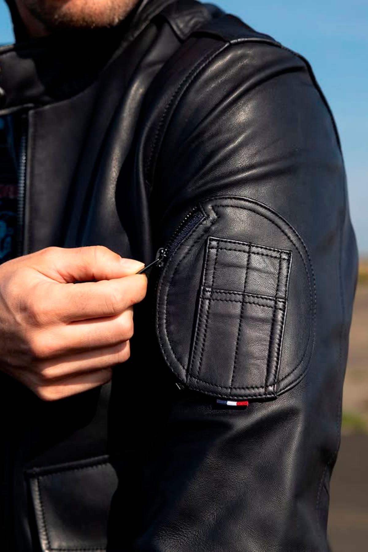 Navy blue biker collar leather jacket with PAF patches - Image n°5