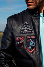 Navy blue biker collar leather jacket with PAF patches - Image n°3