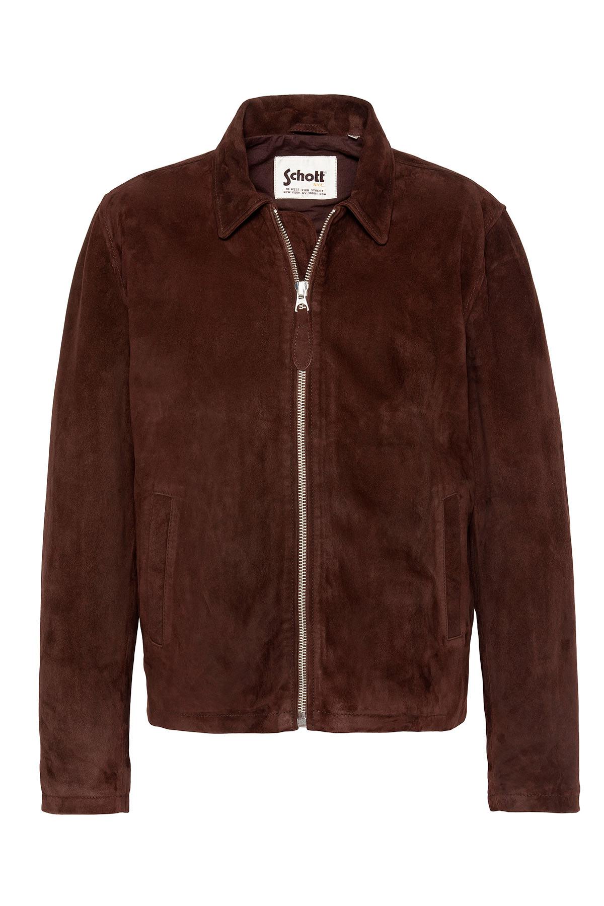 Dark brown suede leather jacket with a classic shirt collar - Image n°1