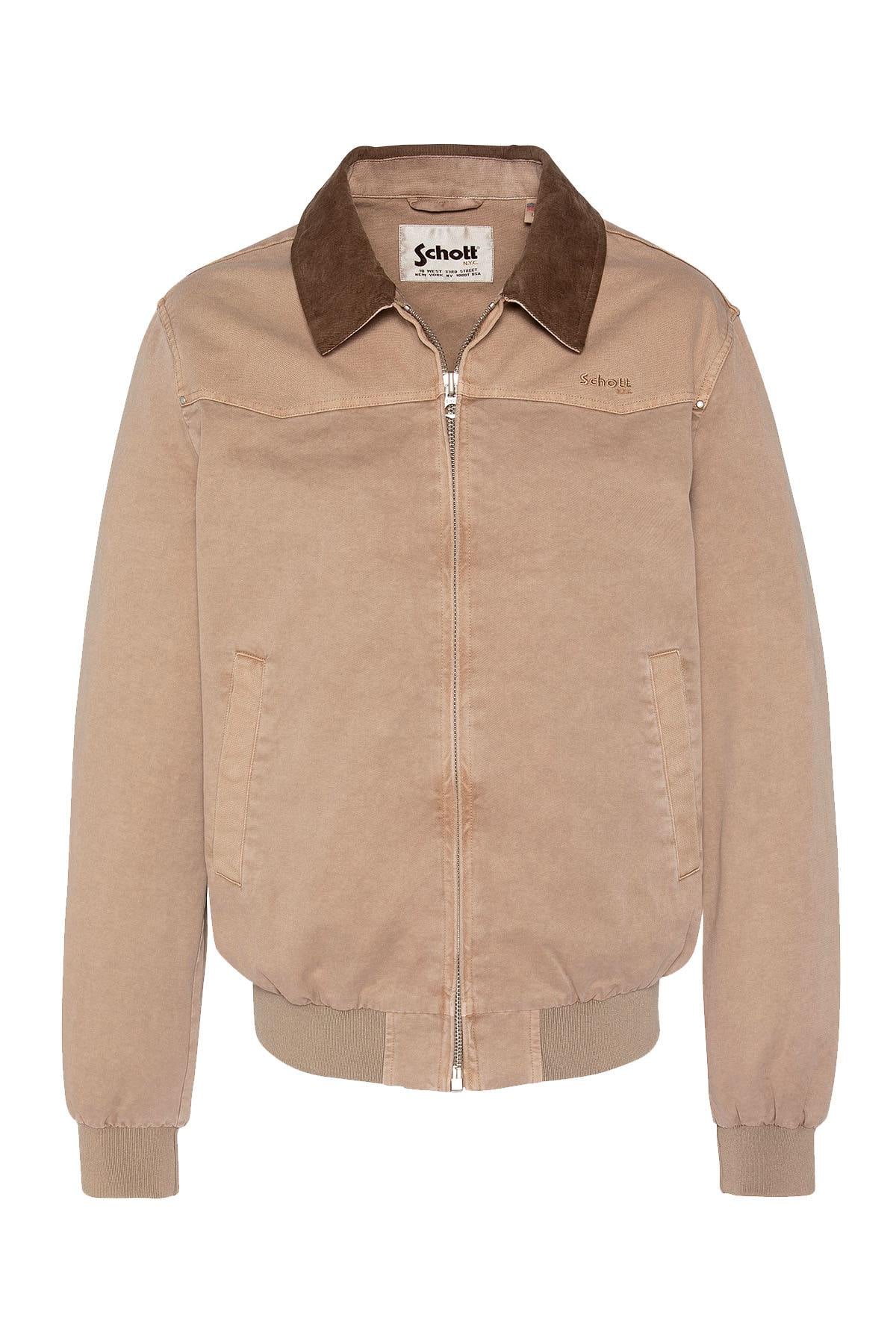 Taupe cotton shirt-collar jacket with brown collar - Image n°1