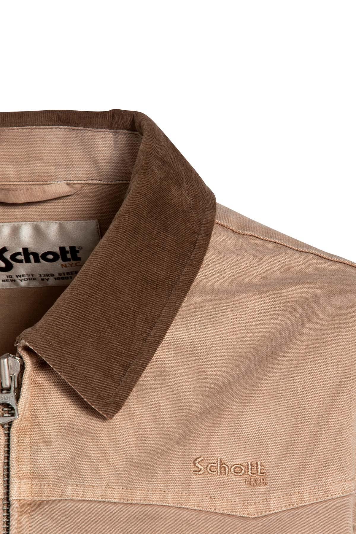 Taupe cotton shirt-collar jacket with brown collar - Image n°3