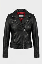 Black leather biker jacket with red satin lining - Image n°1
