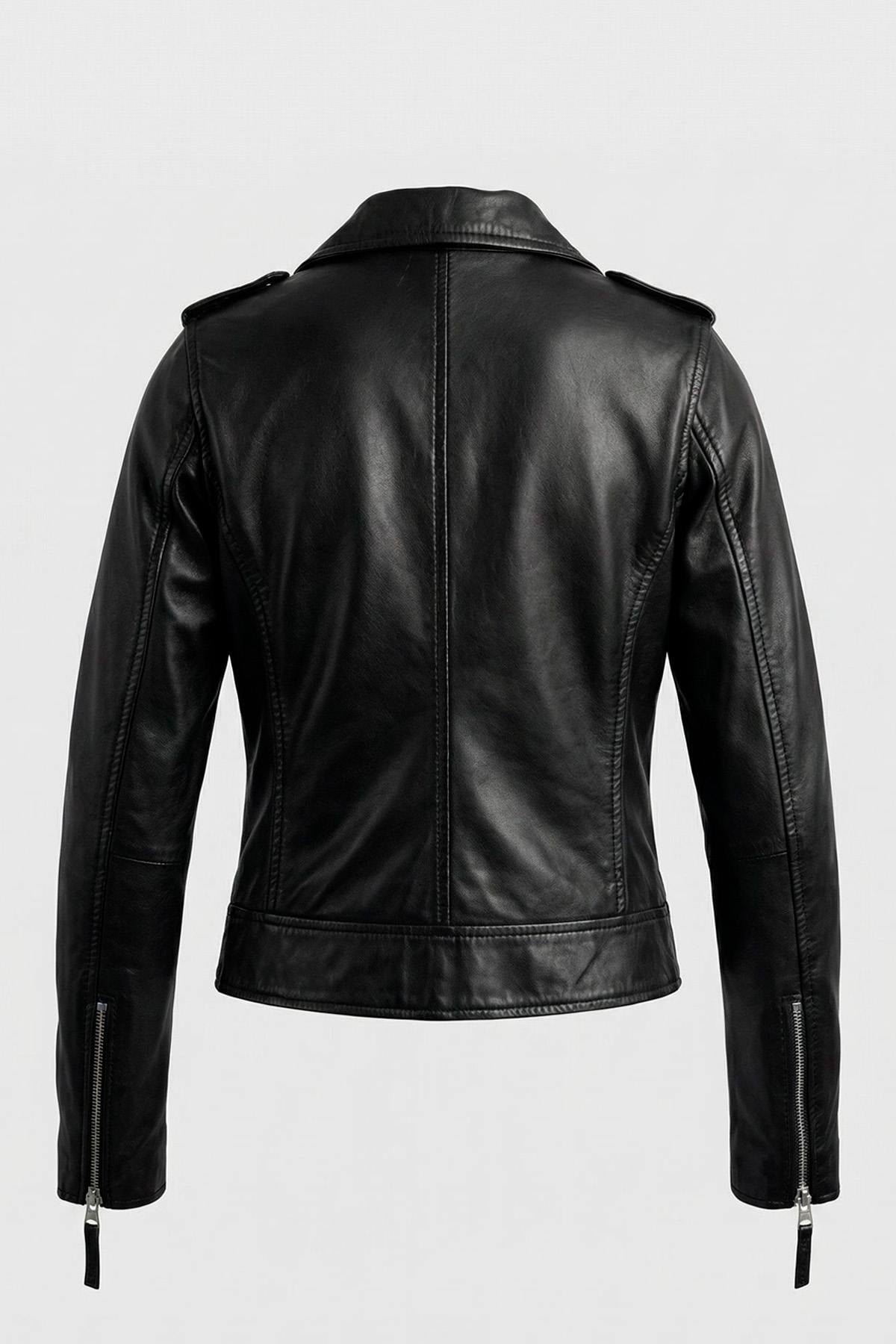 Black leather biker jacket with red satin lining - Image n°2