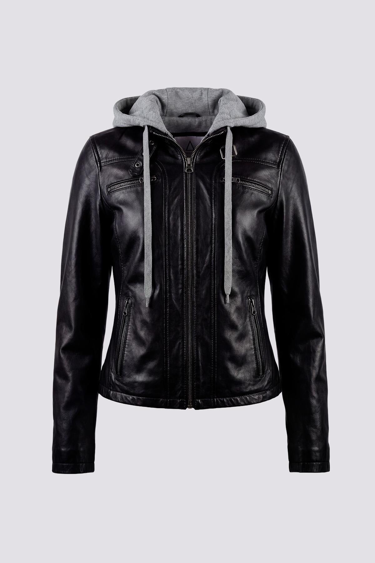 Black leather jacket with grey cotton hood - Image n°1