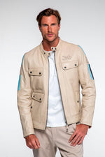 Ecru multi-pocket racing leather jacket - Image n°1