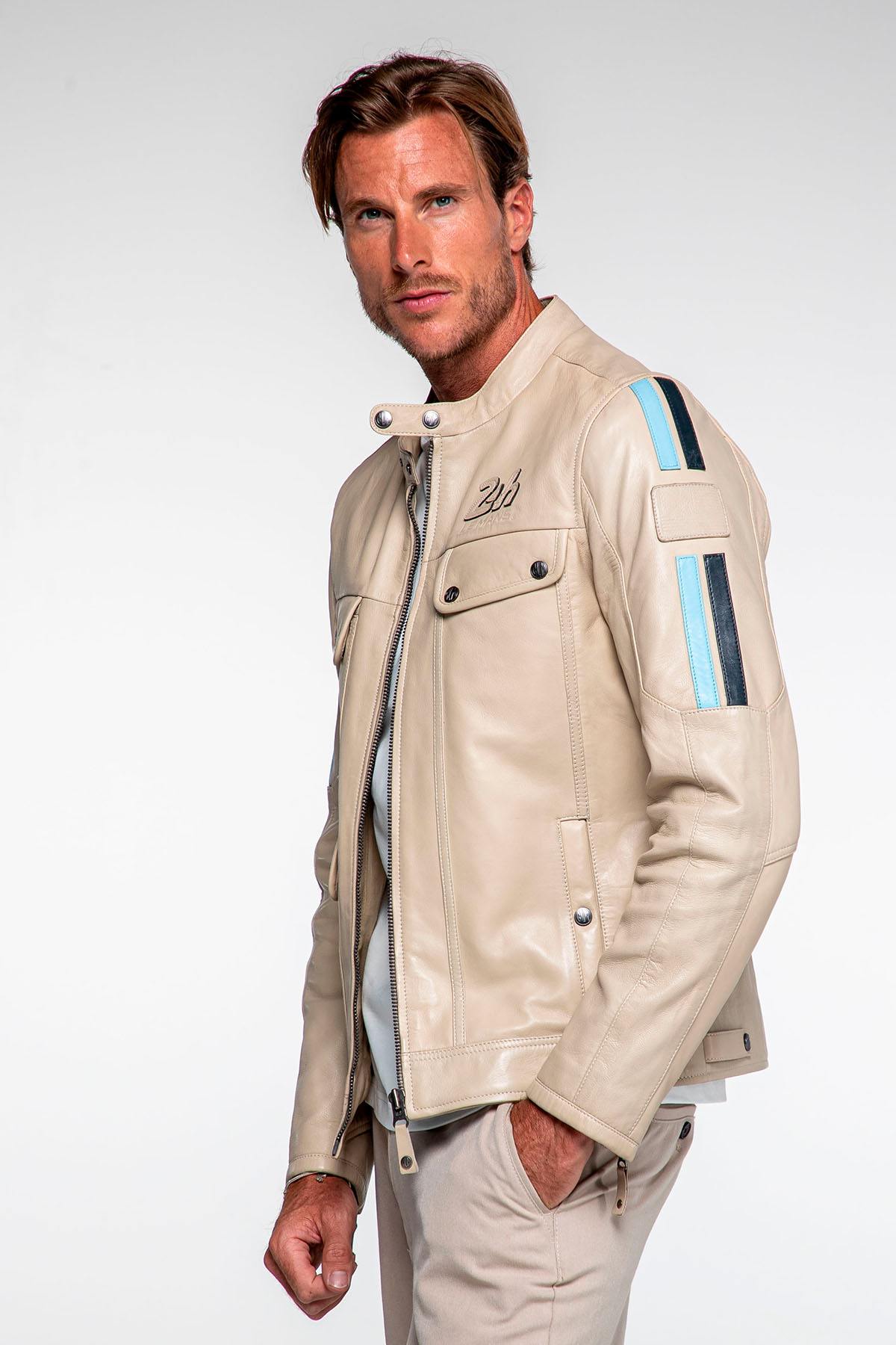 Ecru multi-pocket racing leather jacket - Image n°2