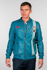 Mallard blue racing biker-collar leather jacket - Image n°5