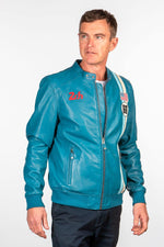 Mallard blue racing biker-collar leather jacket - Image n°3