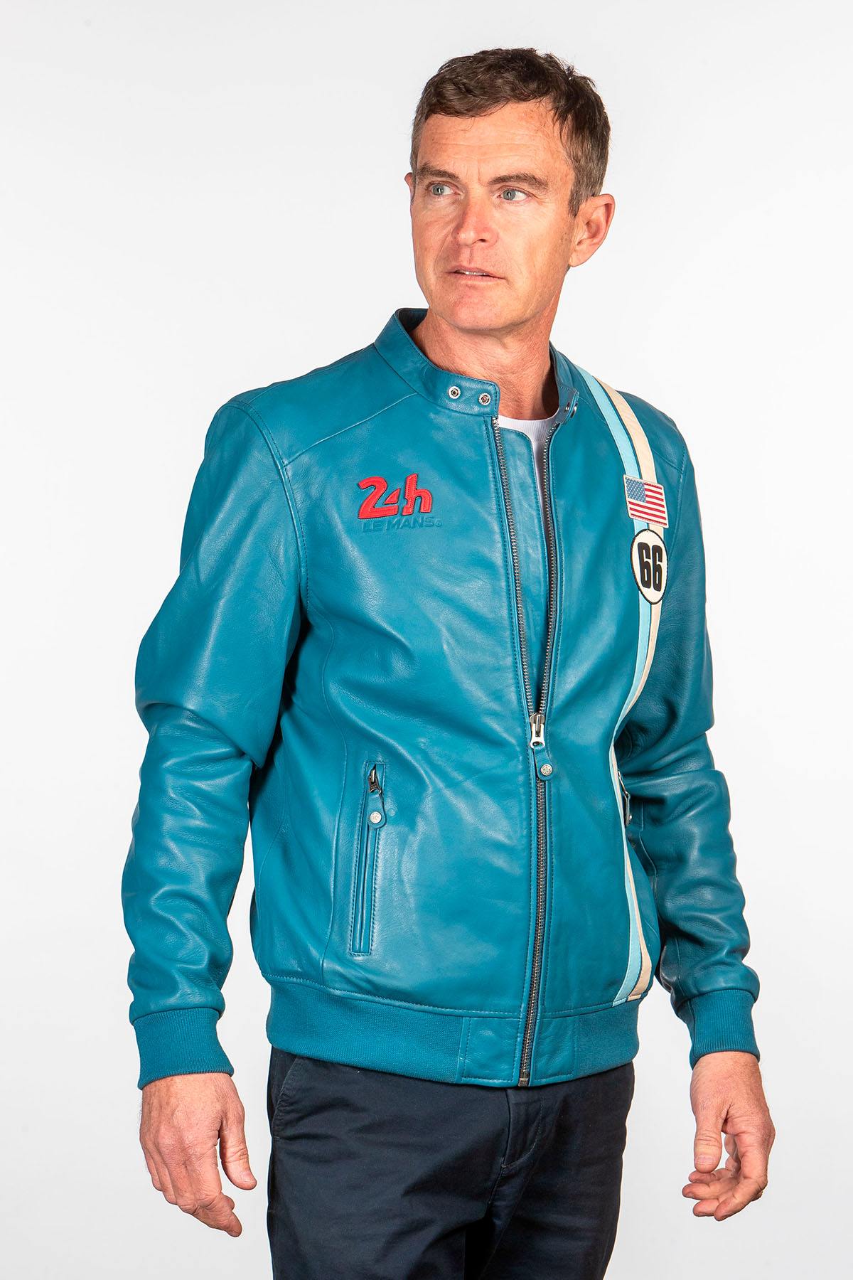 Mallard blue racing biker-collar leather jacket - Image n°3
