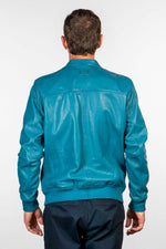 Mallard blue racing biker-collar leather jacket - Image n°4