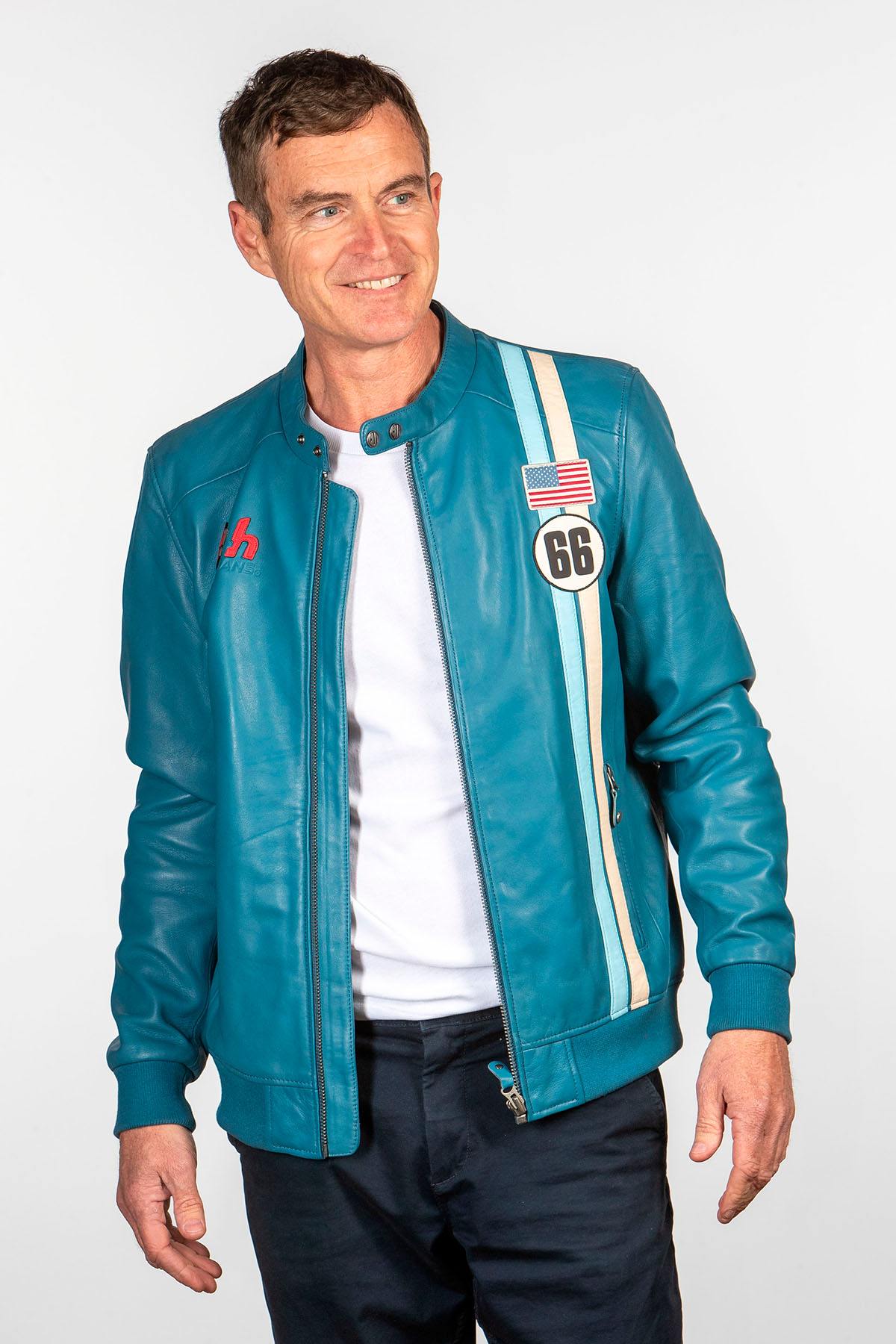 Mallard blue racing biker-collar leather jacket - Image n°1