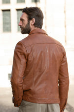 Cognac-colored leather trucker jacket - Image n°3