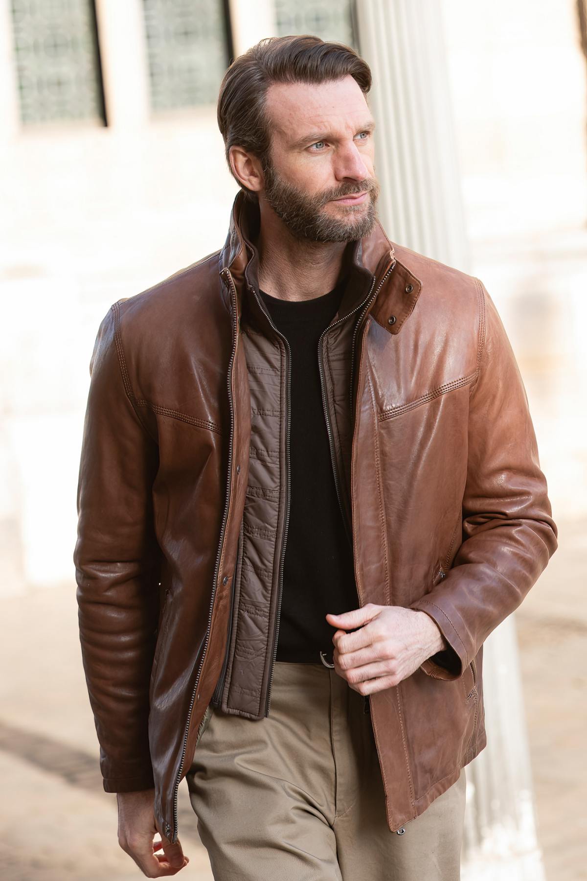 Long bison-colored leather jacket with removable facing - Image n°7