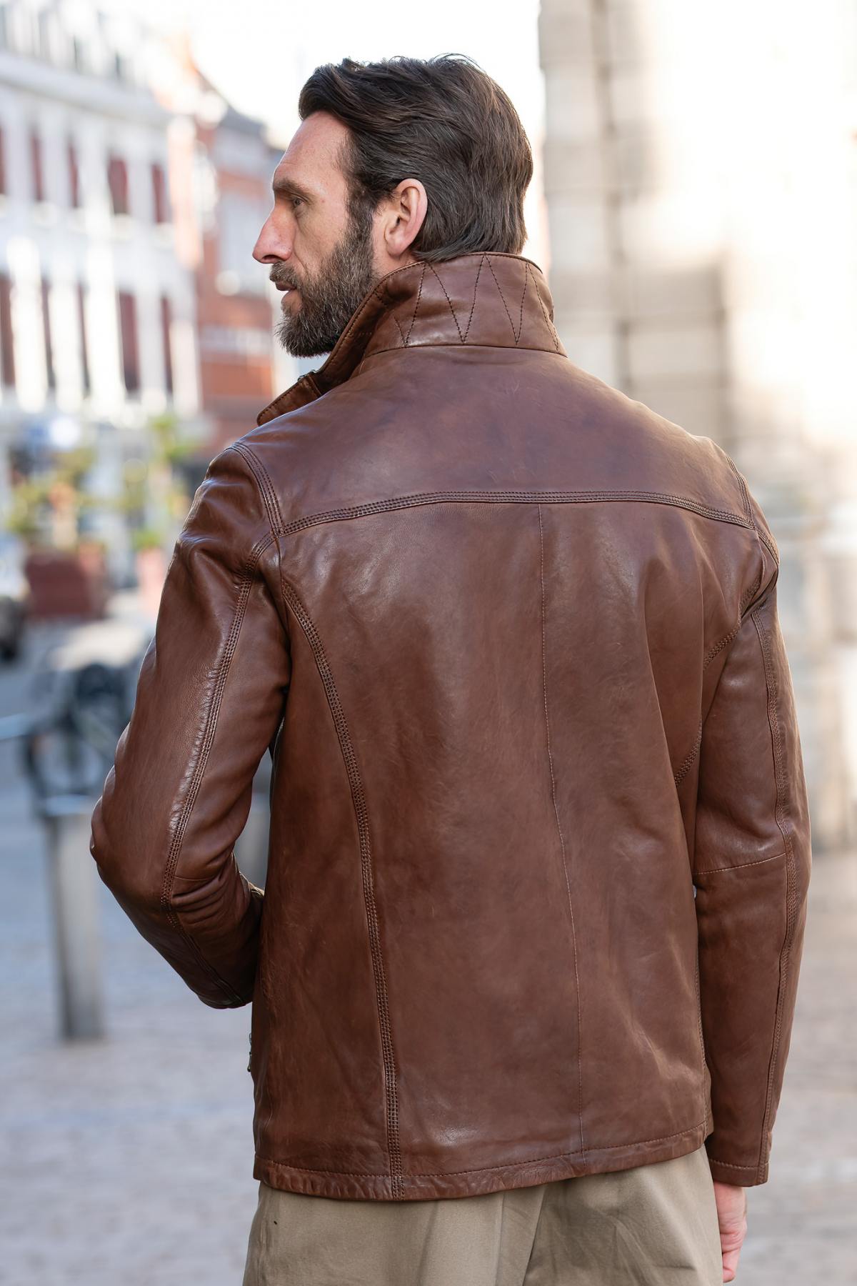 Long bison-colored leather jacket with removable facing - Image n°4