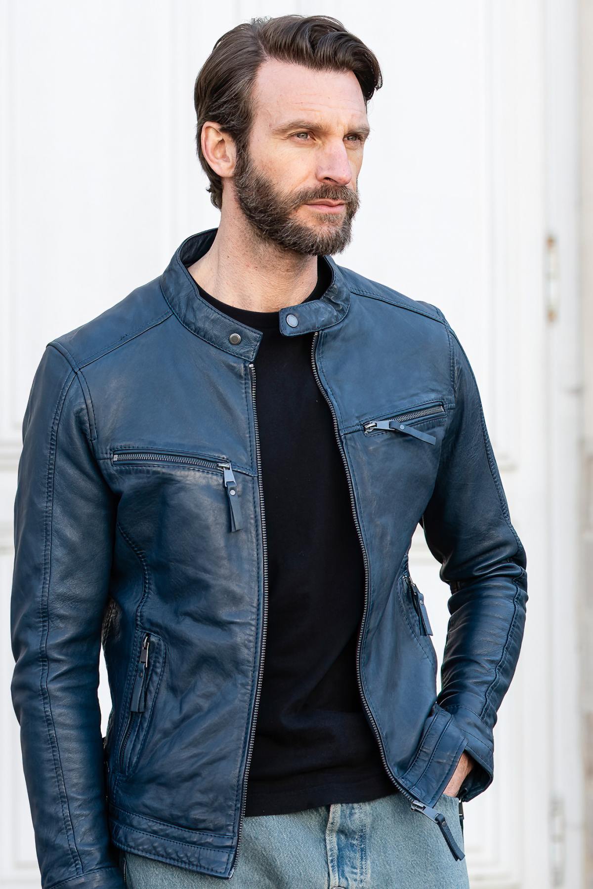 Navy lambskin biker jacket, slim and lightweight for year-round style. - Image n°1