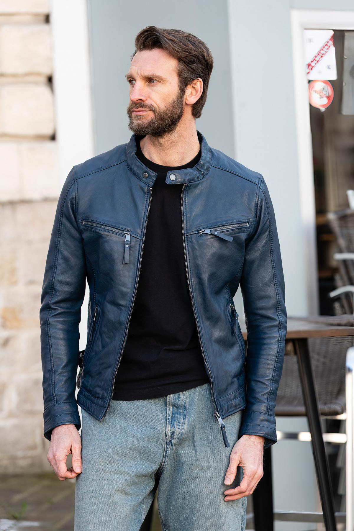 Men's Skinny Blue Leather Jacket - Image n°2
