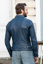 Navy lambskin biker jacket, slim and lightweight for year-round style. - Image n°3