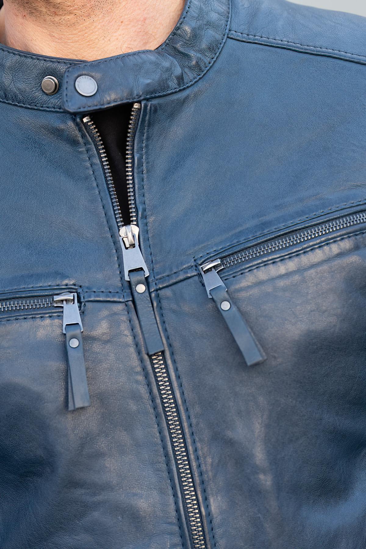 Navy lambskin biker jacket, slim and lightweight for year-round style. - Image n°5