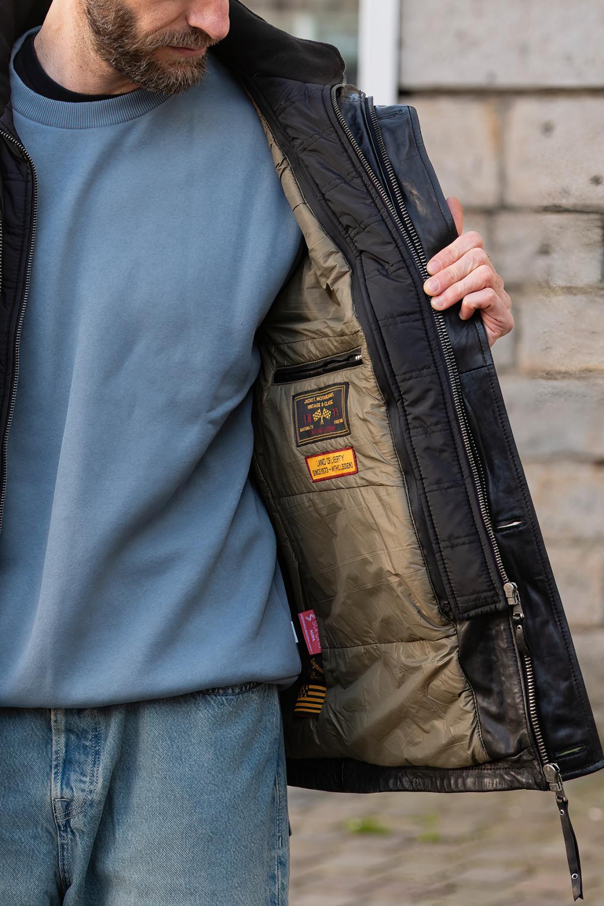 Black leather jacket with stand-up collar and removable facing - Image n°7