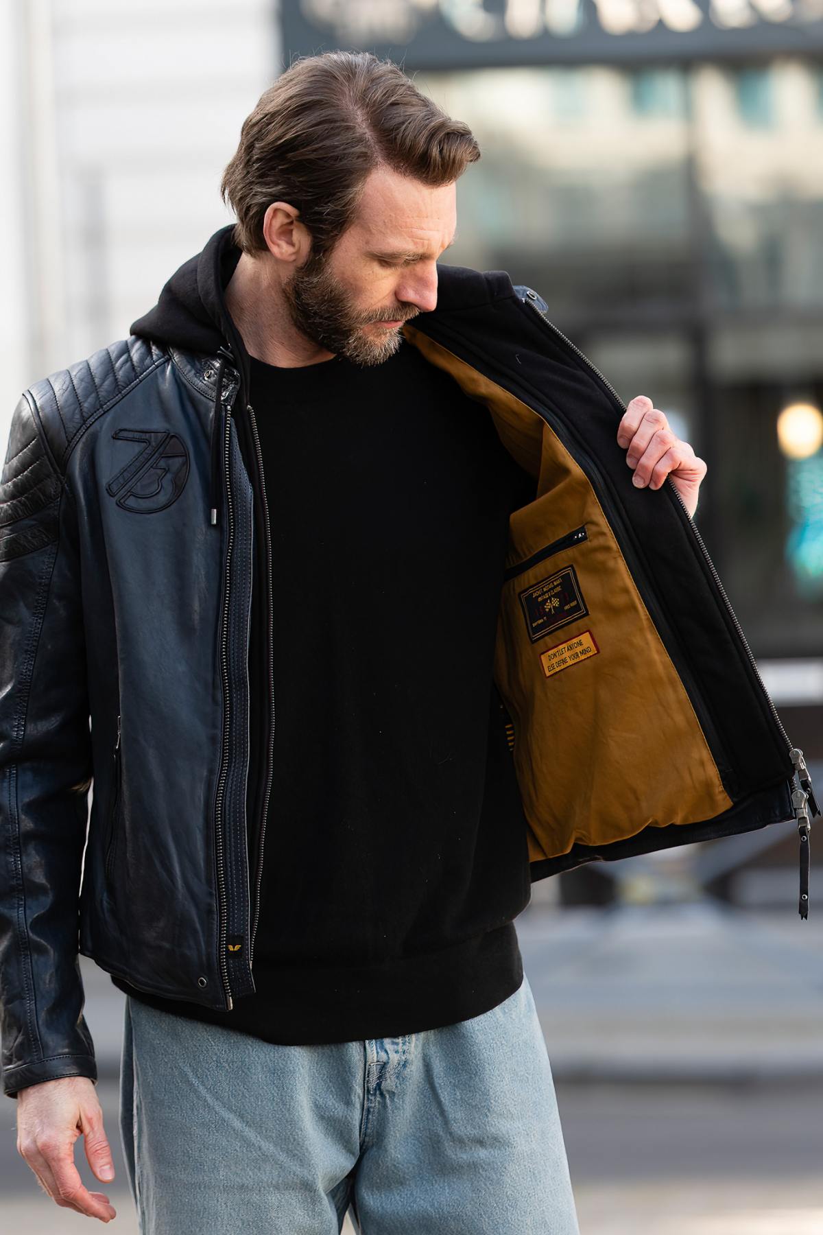 Navy blue and black biker-collar leather jacket with removable hood - Image n°5