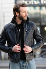 Navy blue and black biker-collar leather jacket with removable hood - Image n°1