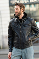 Navy blue and black biker-collar leather jacket with removable hood - Image n°6