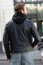 Navy blue and black biker-collar leather jacket with removable hood - Image n°2