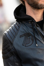 Navy blue and black biker-collar leather jacket with removable hood - Image n°4