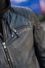 Navy blue and black biker-collar leather jacket with removable hood - Image n°7