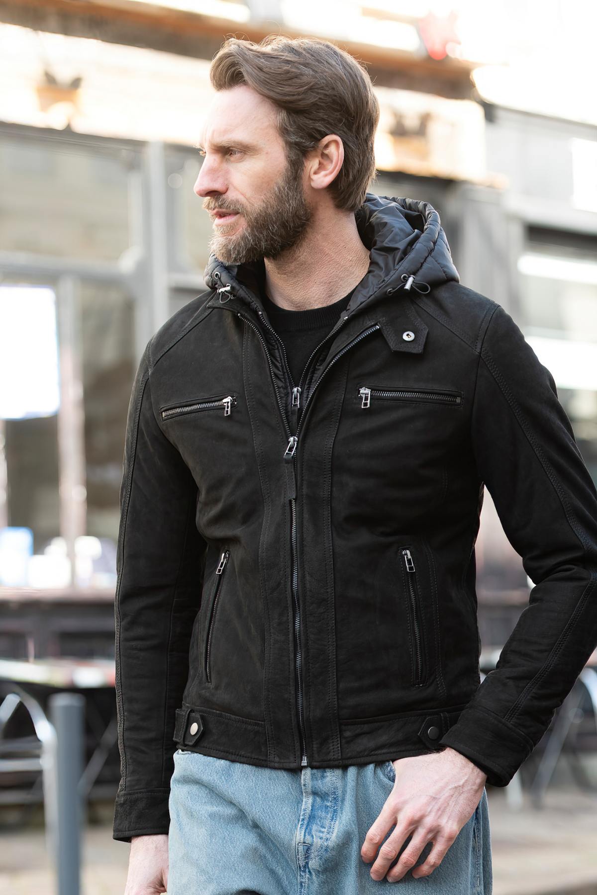 Black nubuck jacket with removable hood - Image n°2