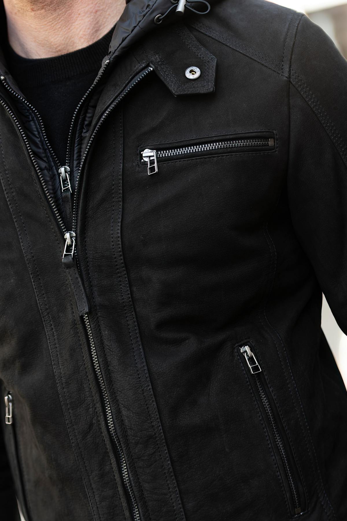 Black nubuck jacket with removable hood - Image n°3