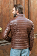 Puffer jacket without a hood, in bison-colored leather - Image n°4