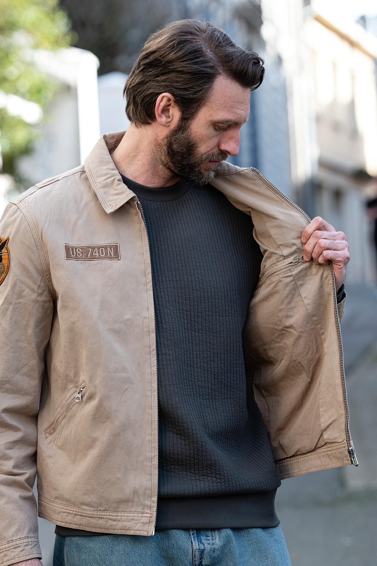 Taupe military-style textile jacket - Image n°6