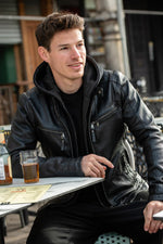 Black Leather Jacket with Hooded Skinny Fit - Image n°1